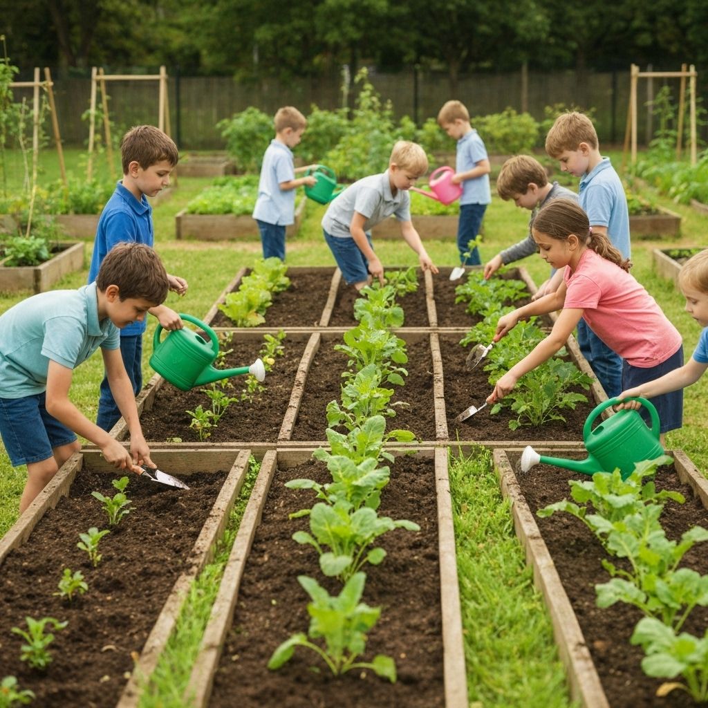 School garden beds with children learning about plants.