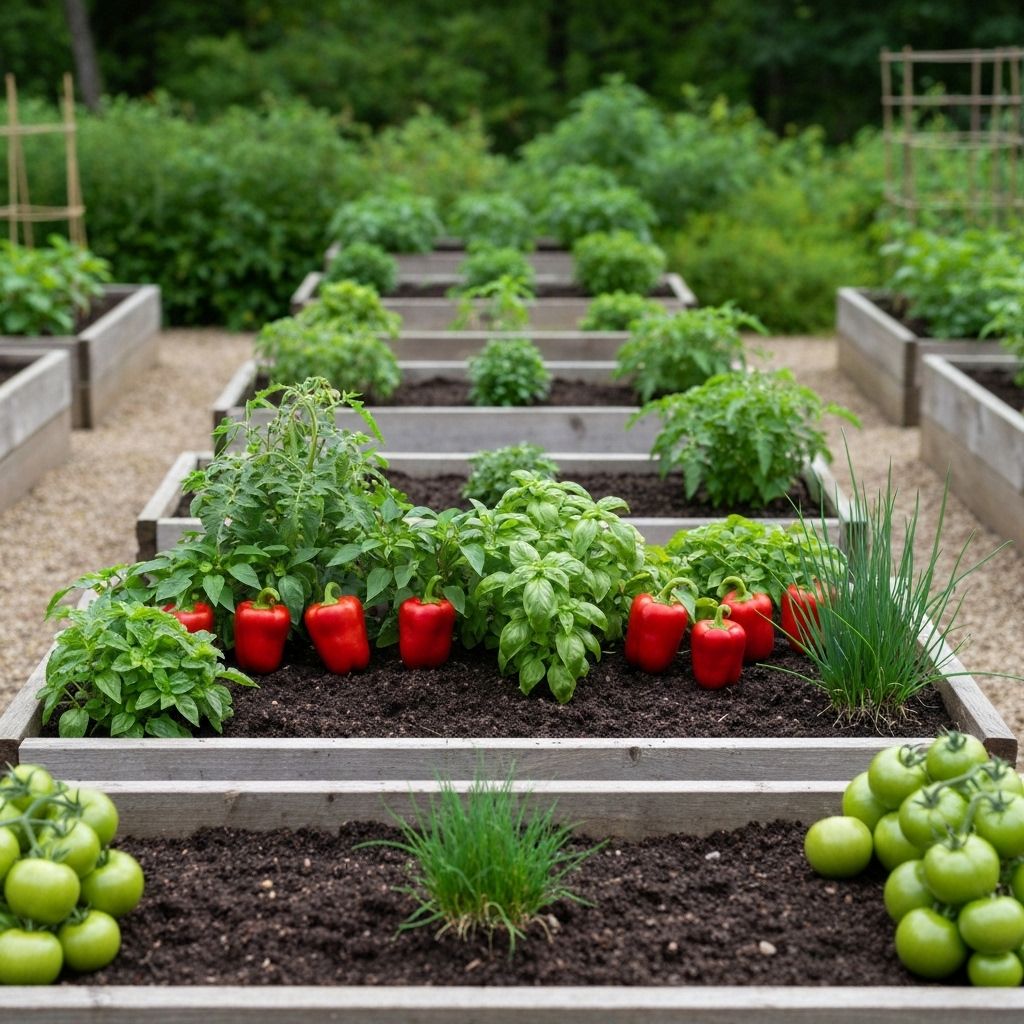 Tomatoes and herbs thriving in raised beds.