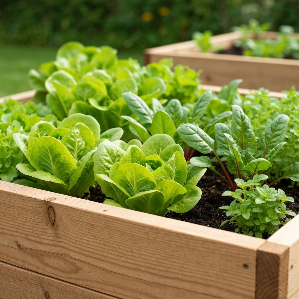 Wood raised bed filled with leafy greens.